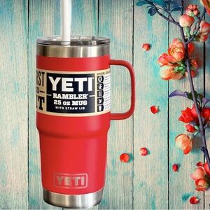 NWT YETI 25 oz Mug Rescue Red Rambler with Straw Lid